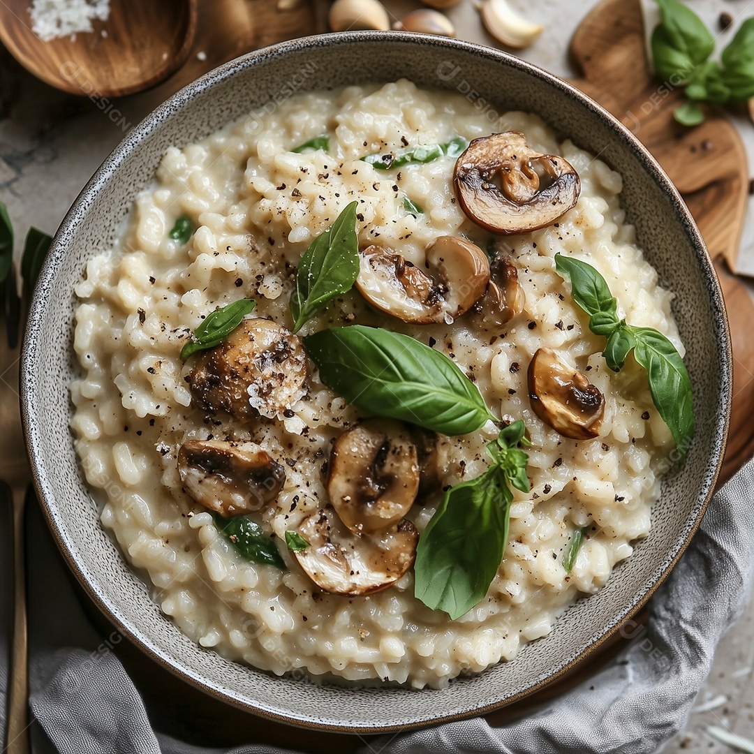 Tijela com risoto salsa e cogumelo sobre mesa de madeira