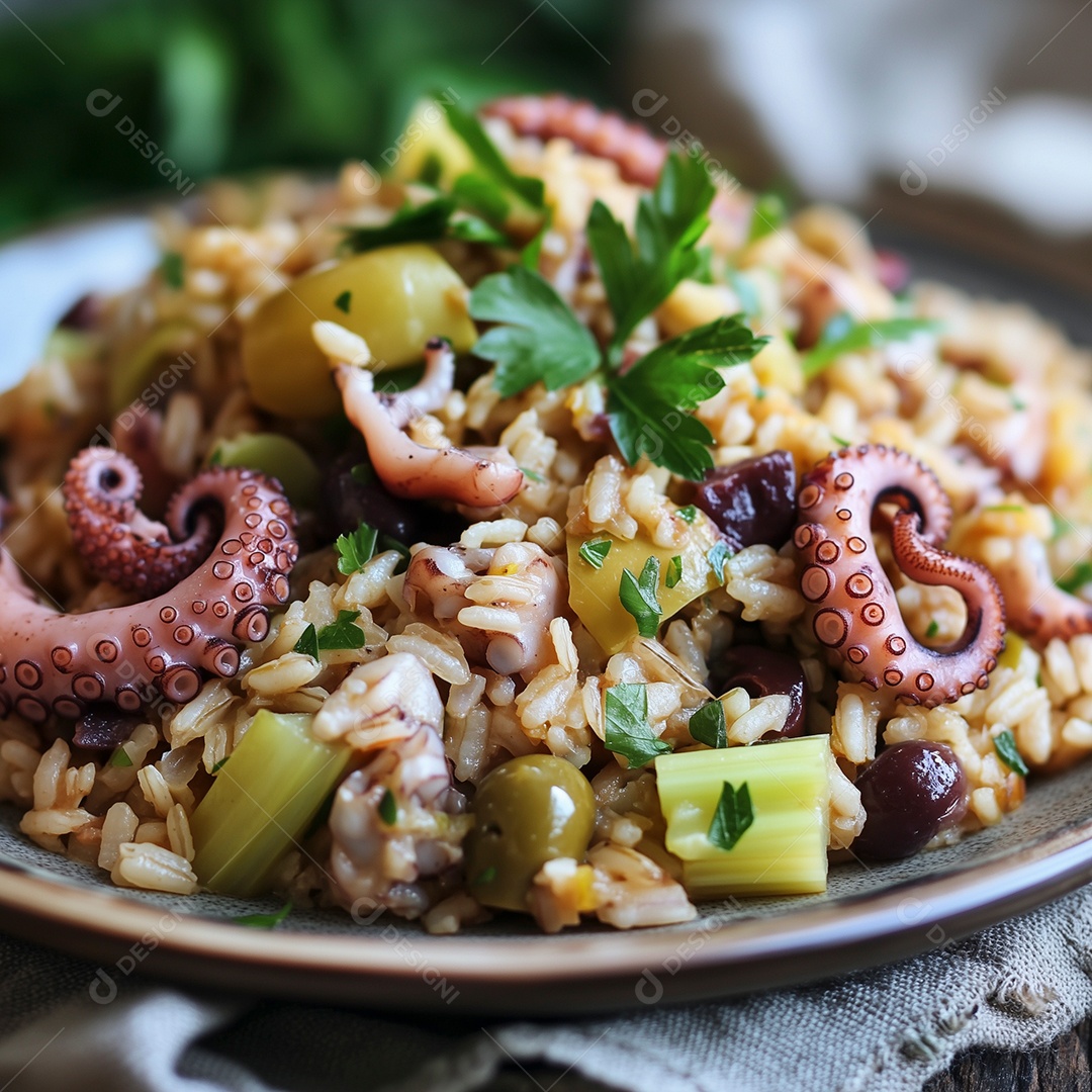 Delícioso arroz com  pouvo e salsa em prato sobre mesa de madeira