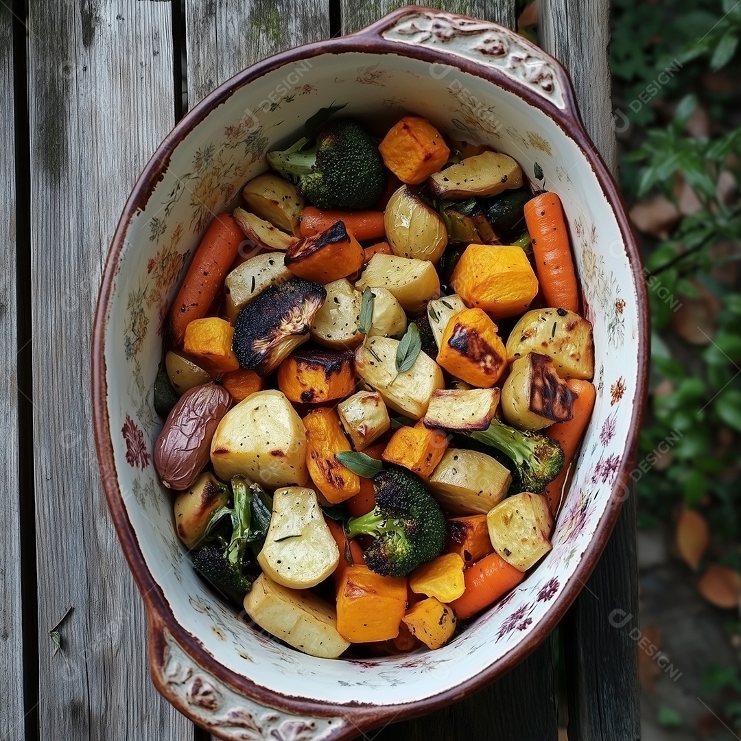 Variedades de legumes em tijela sobre mesa de madeira