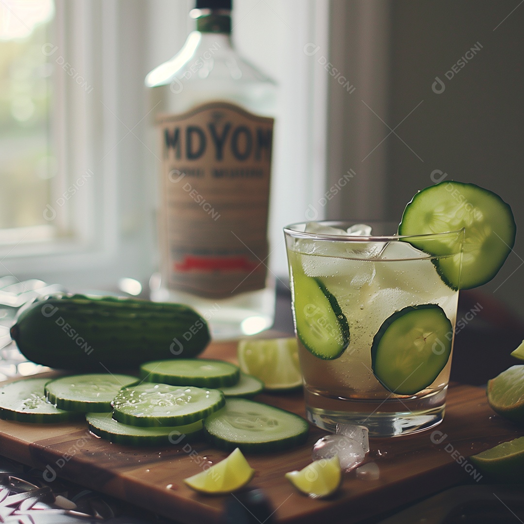 Bebida gelada com rodelas de pepino e gelo em copo sobre mesa mdeira