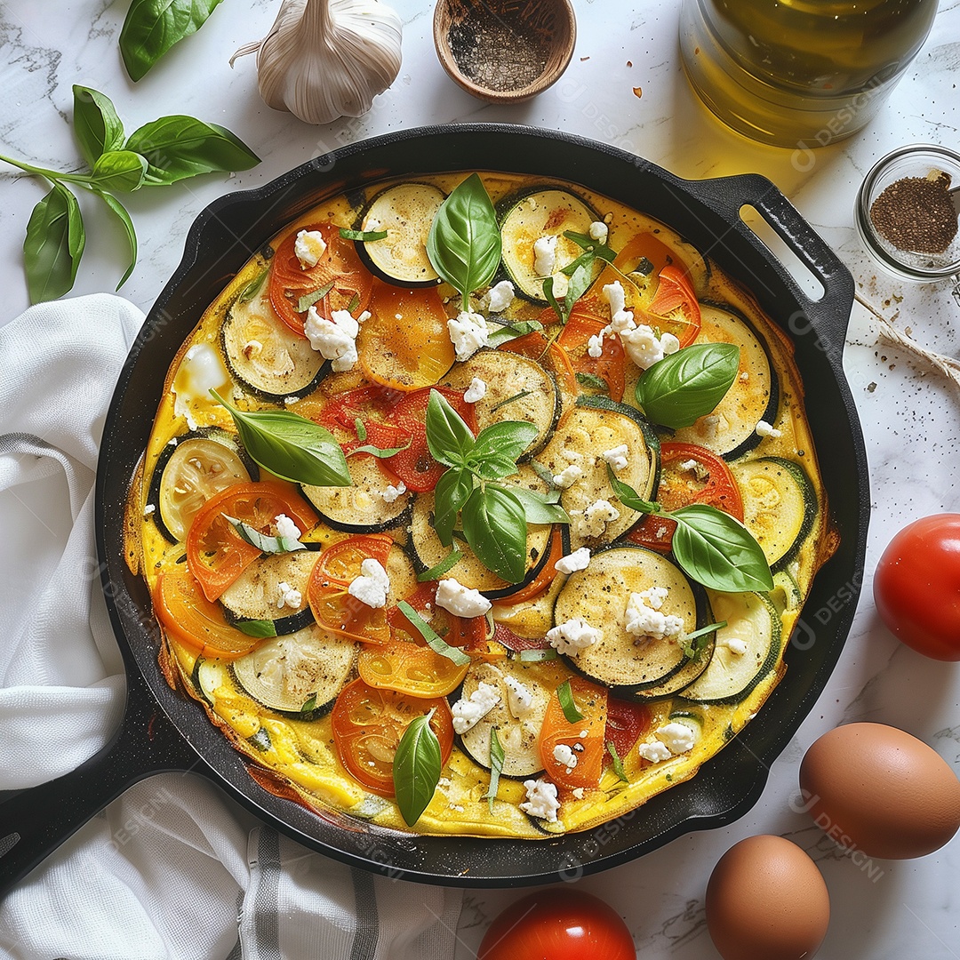 Omelete recheado com berinjela tomate e folha de louro em frigideira sobre mesa de madeira