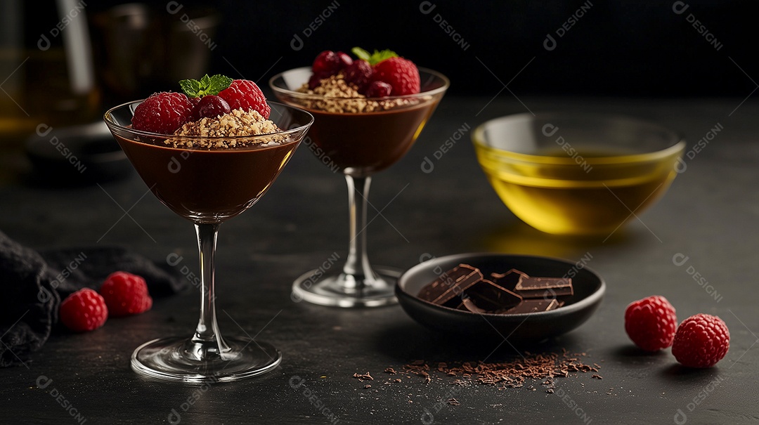 Mousse de chocolate com framboesa por cima sobre fundo desfocado