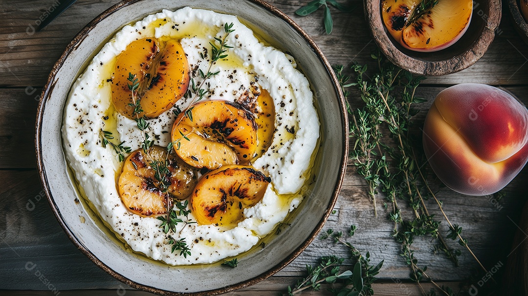 Queijo coalho com maçã e alecrim em tijela sobre mesa de madeira