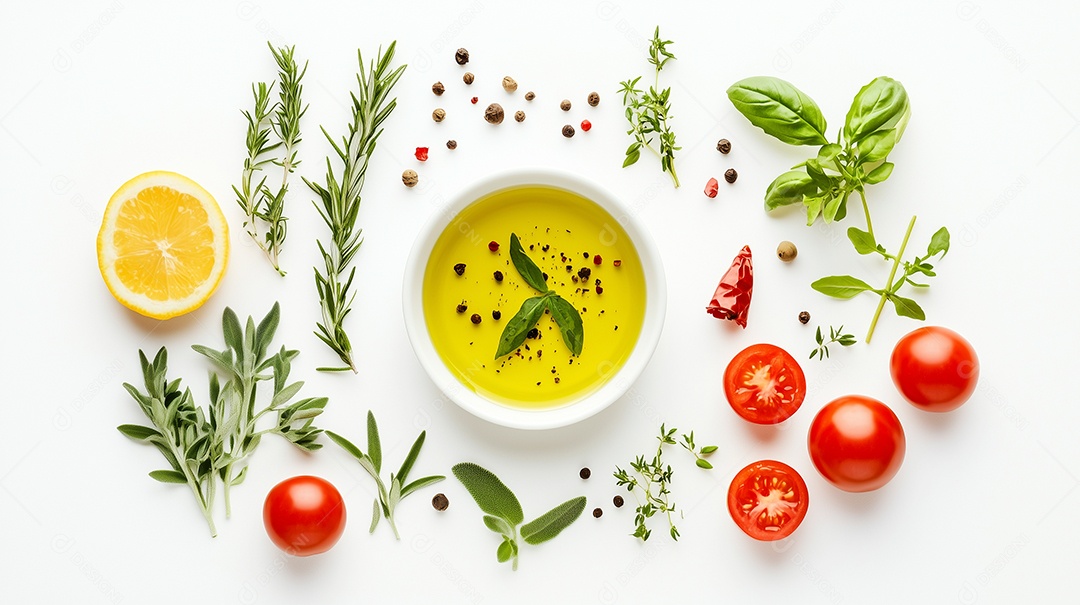 Sopa com ervas e grãos ao lado de tomate ervas laranja e grãos sobre fundo branco isolado