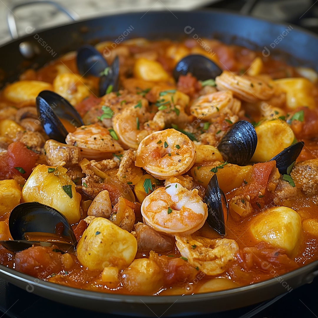 Guisado de frutos do mar em panela sobre fundo desfocado