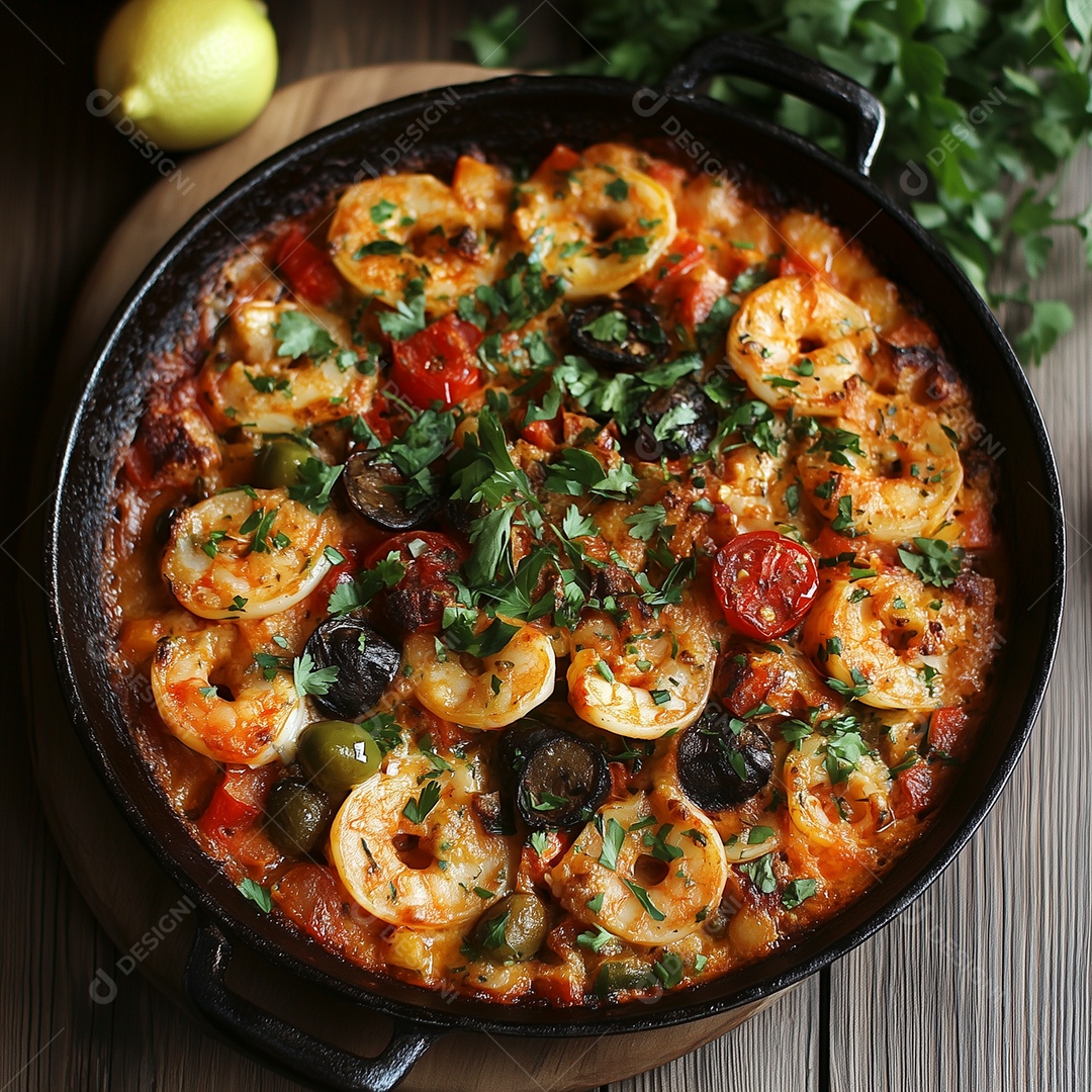 Camarão ao molho com salsa tomate e azeitona em panela sobre mesa de madeira
