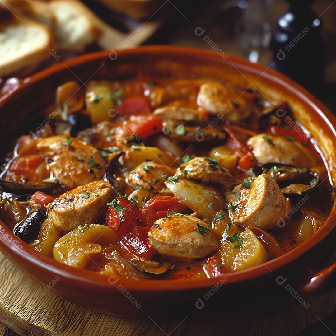 Sopa picante com verdura em panela sobre mesa de madeira