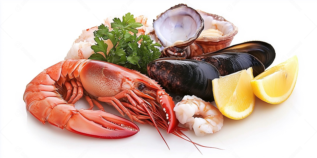 Frutos do mar sobre fundo branco isolado