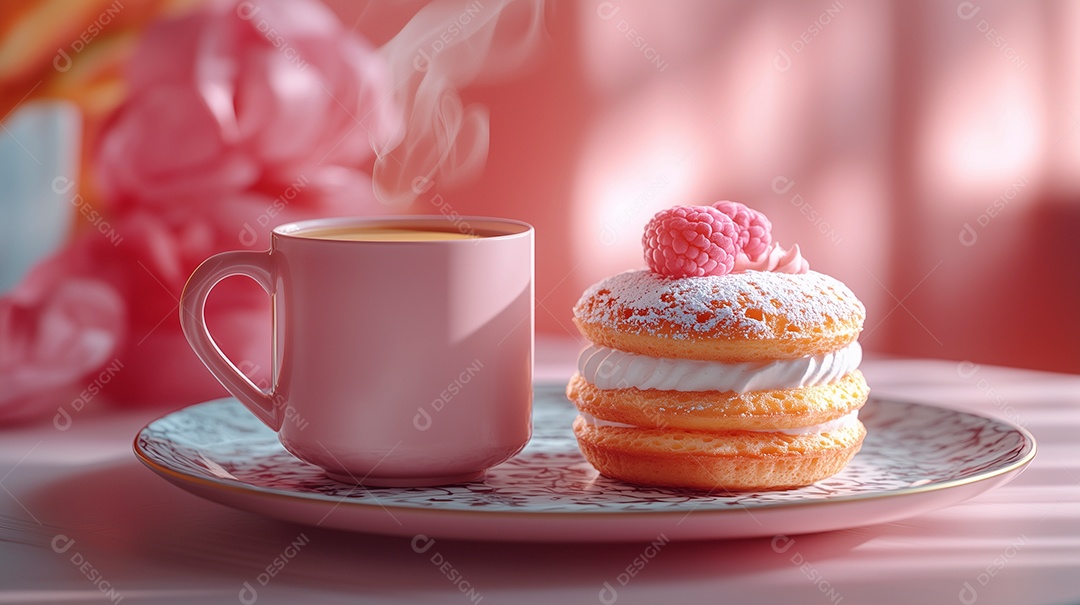 Macaroons franceses ao lado de xícara com café em um prato sobre mesa de madeira