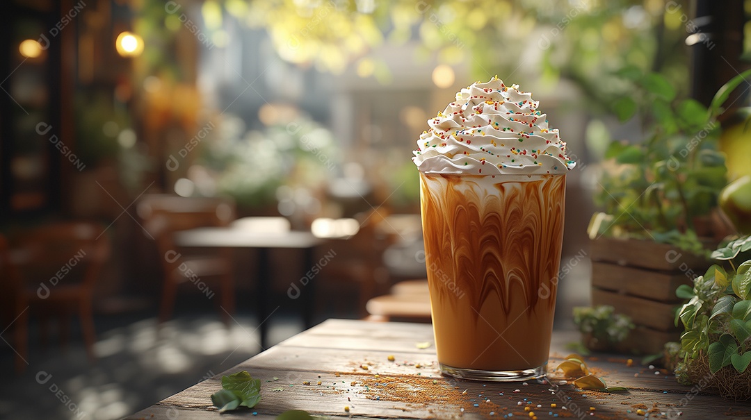 Cappuccino com chantily sobre mesa de madeira