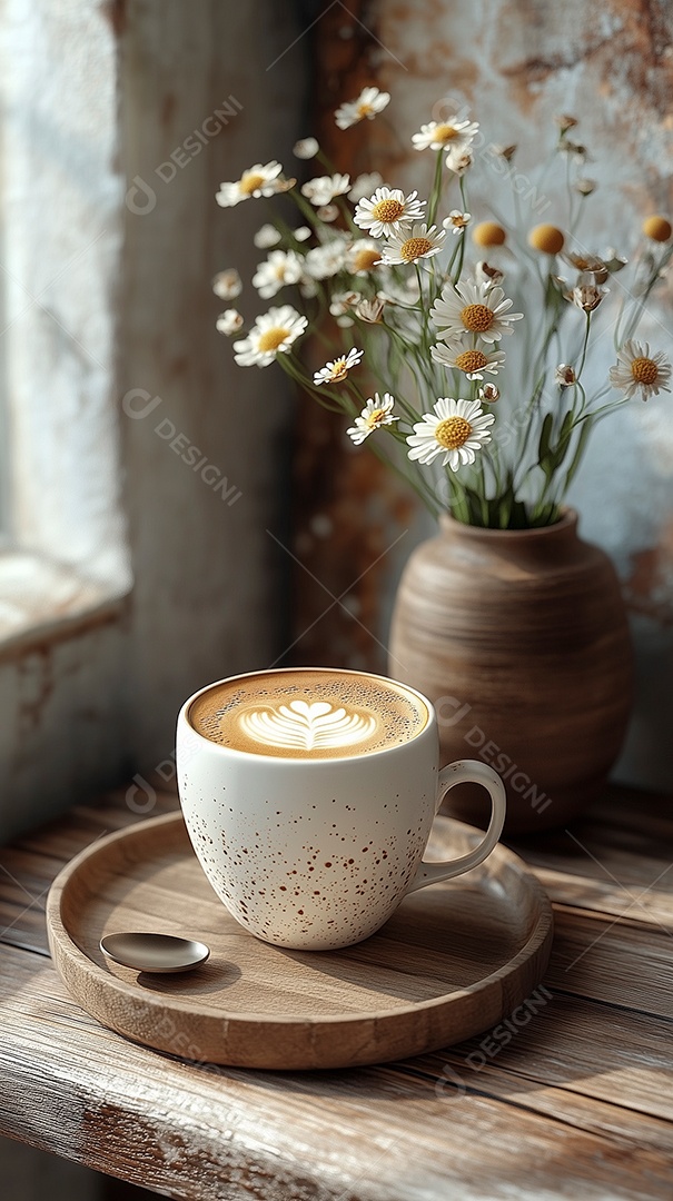 Cappuccino em xícara em tábua redonda sobre mesa de madeira