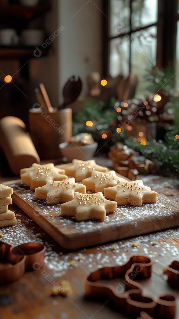 Biscoito de gengibre em formato de estrela sobre espaço de cénario natalino
