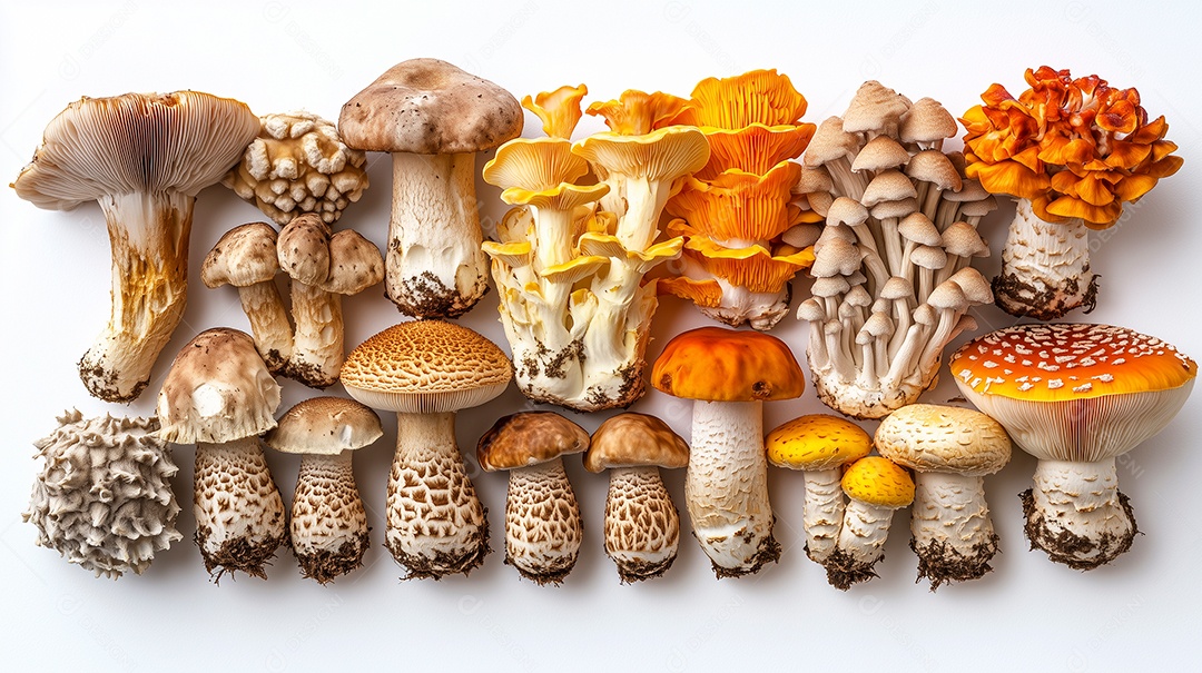 Lindas variedades de cogumelos sobre fundo branco isolado