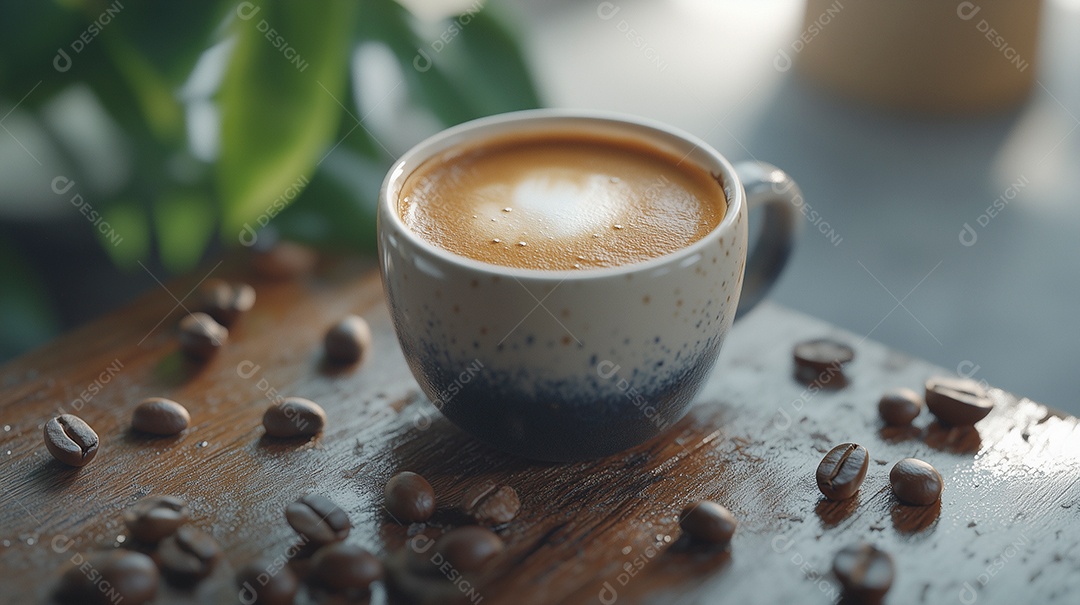 Cappuccino em xícara com grãos de café ao lado sobre mesa de madeira