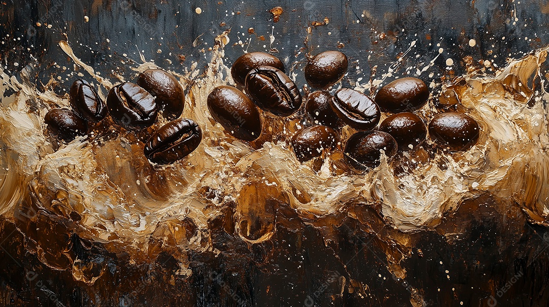 Linda esplosão de café líquido e em grãos sobre fundo isolado