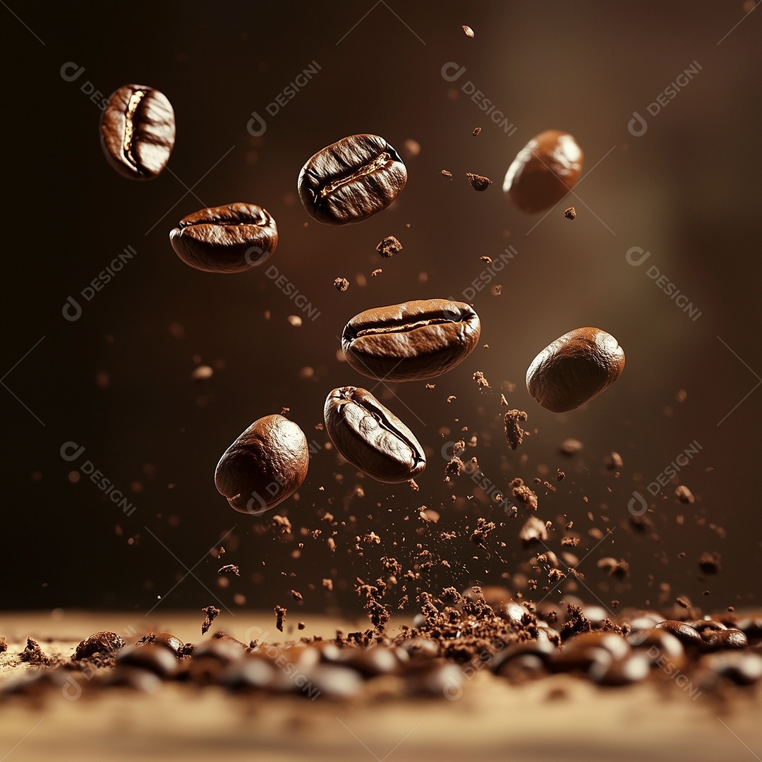 Grãos de café caindo sobre chão isolado