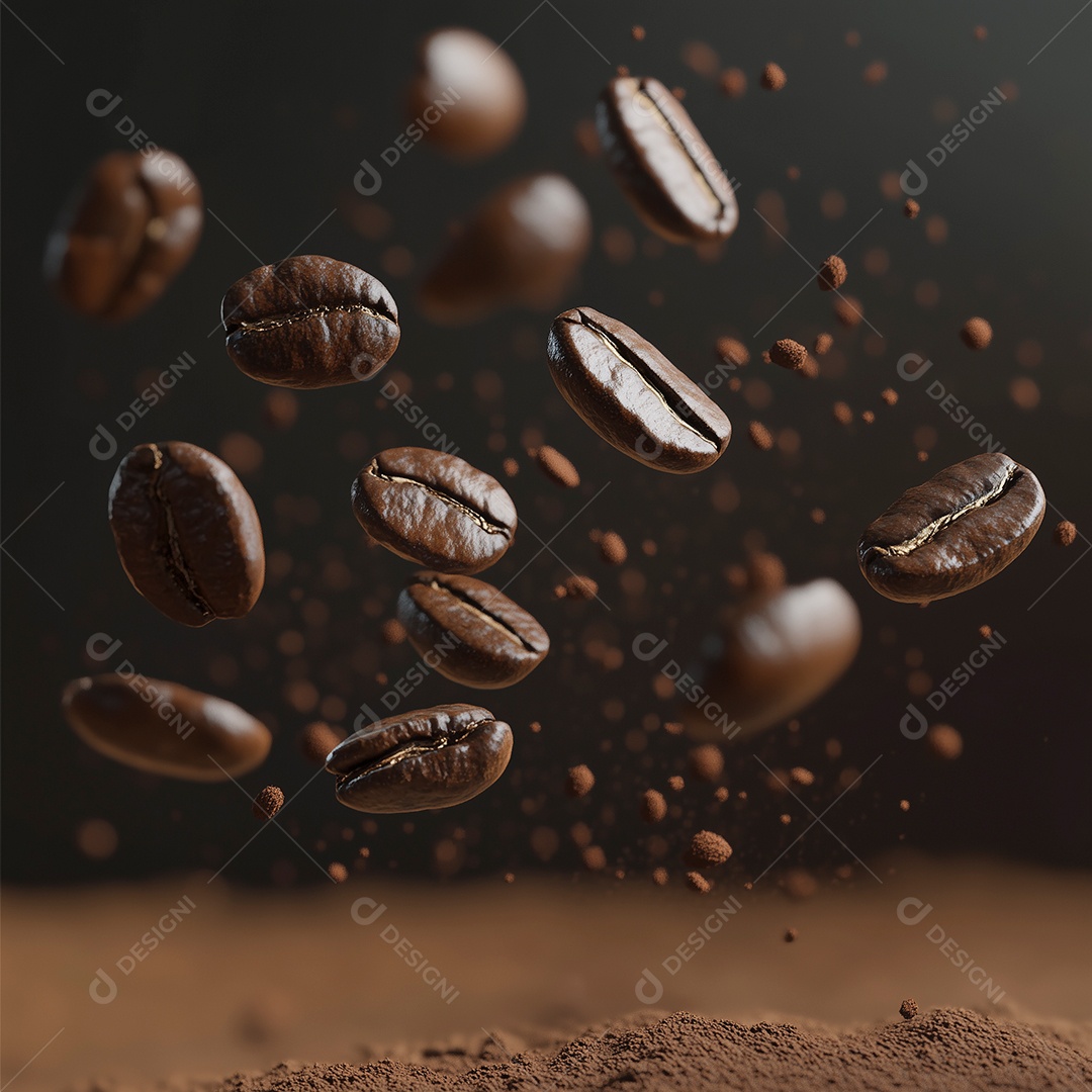 Grãos de café caindo sobre chão isolado