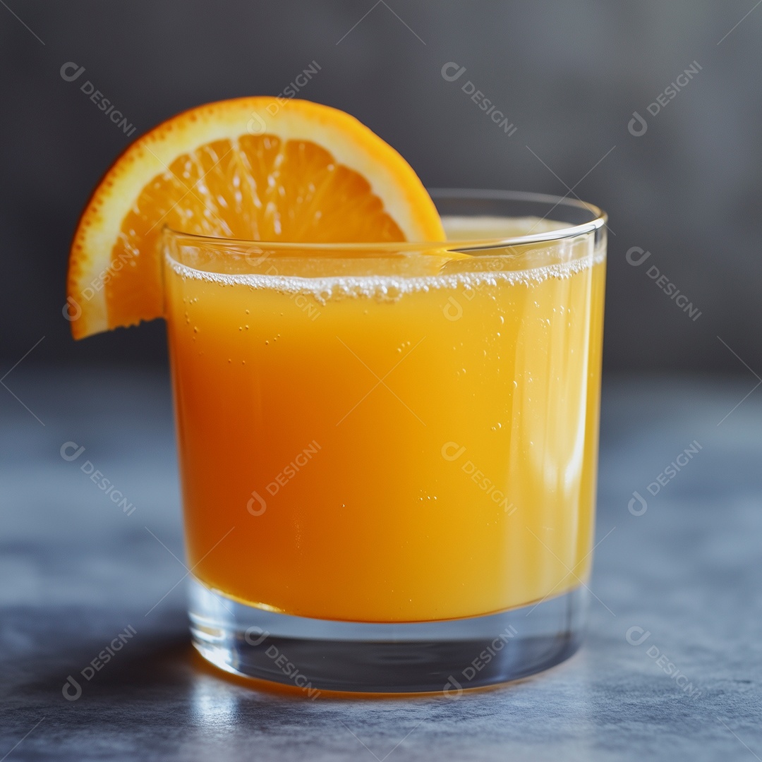 Suco de laranja em um copo com rodela em borda sobre fundo isolado
