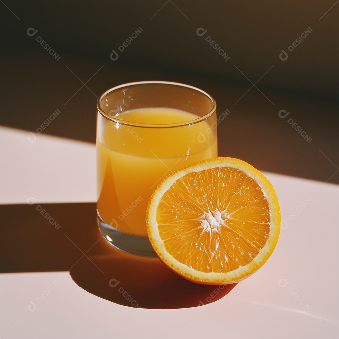 Suco de laranja em um copo com rodela ao lado sobre fundo isolado