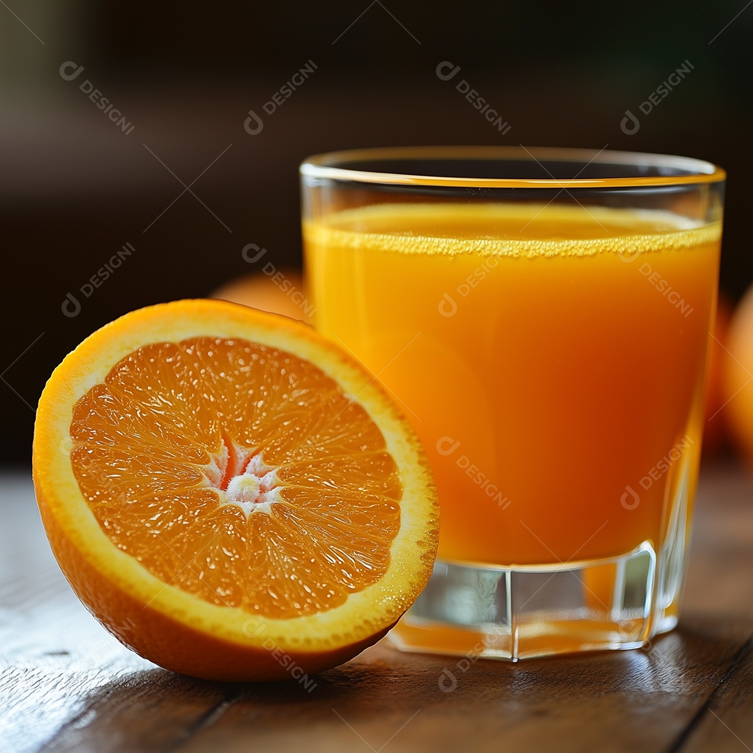 Suco de laranja em um copo com rodela ao lado sobre fundo isolado