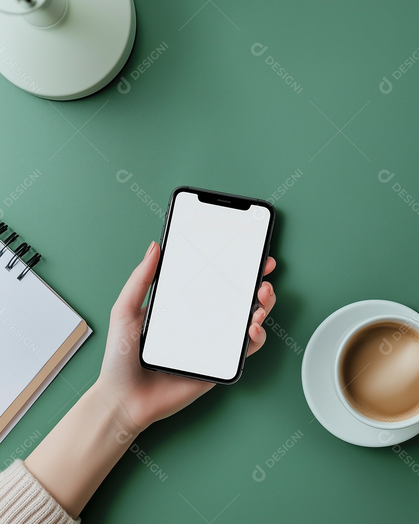 Mão de mulher segurando smartphone sobre fundo verde isolado