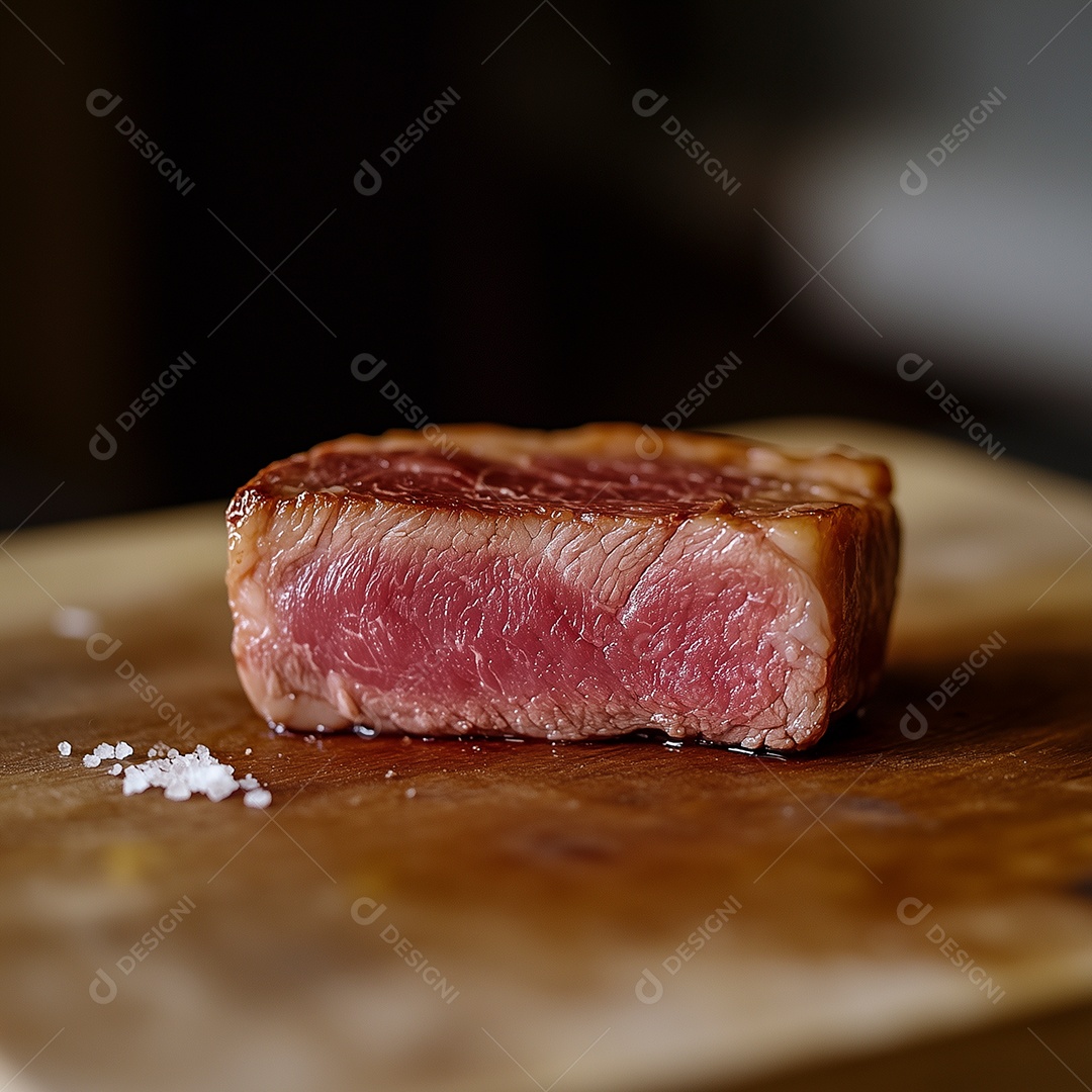 Cubo carne mal passada em tábua de madeira sobre fundo isolado