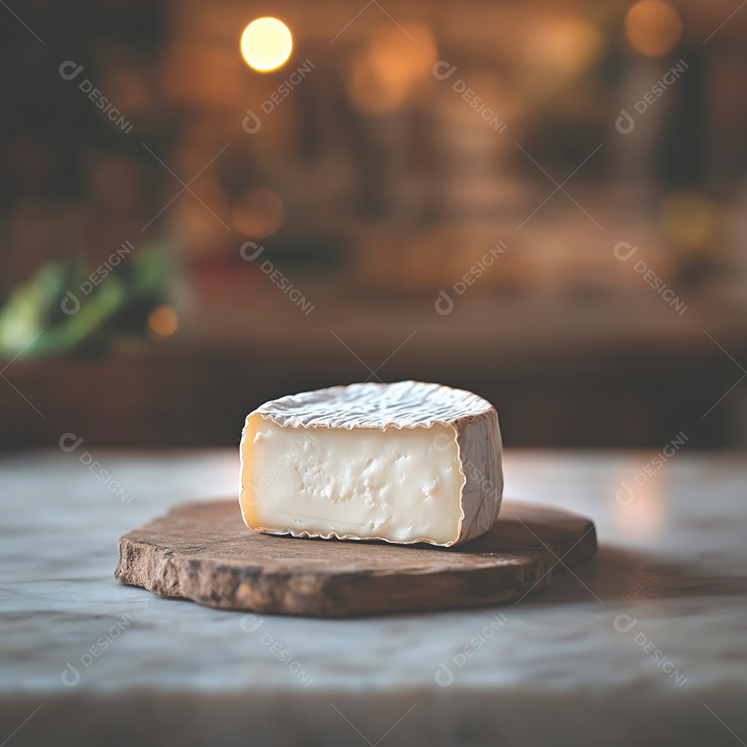 Linda fatia de queijo coalho em tábua de madeira sobre fudo desfocado