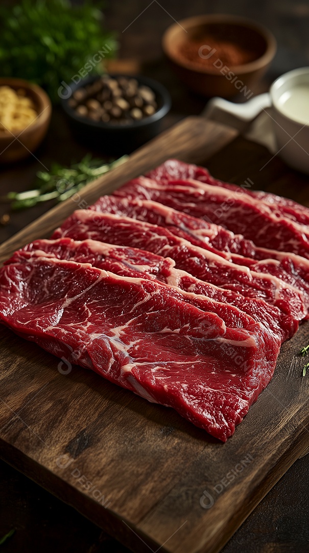 Lindos bifé cru em tábua de madeira sobre fundo desfocado