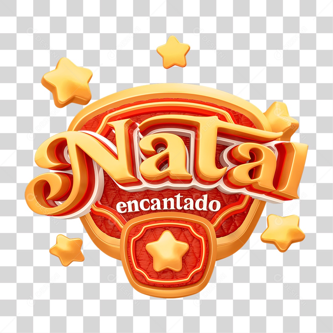 Natal Encantado Selo 3D Dourado e Vermelho para Composição PNG Transparente