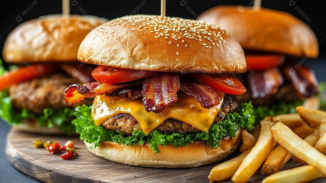 Hambúrgues com acompanhamentos de batata frita em tábua de madeira sobre fundo isolado