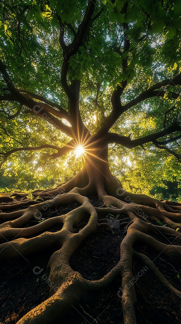 Linda árvore em plena floração com a luz do sol brilhando através das folhas