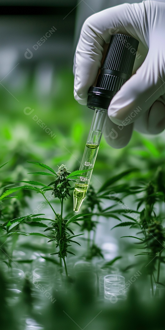 Linda planta de cannabis e cientista inspecionando óleo