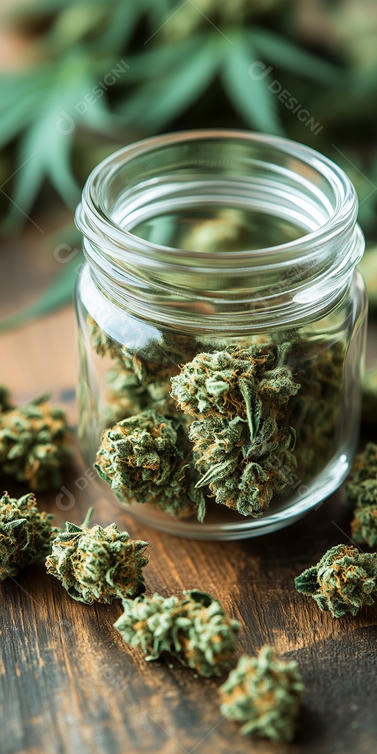 Lindas folhas secas de canabis amarzenada em pote de vidro sobre mesa de madeira