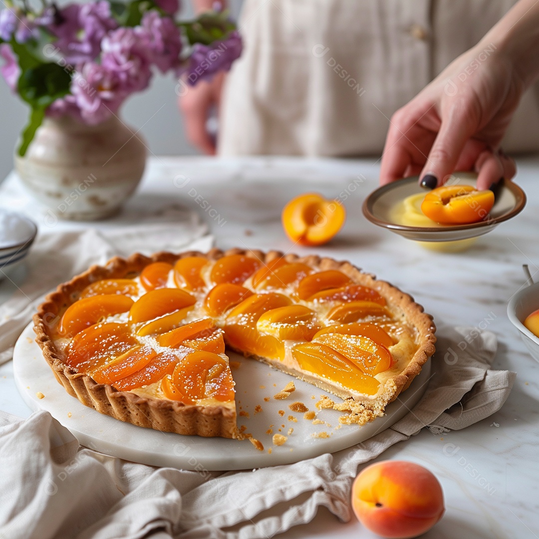 Linda torta de damasco sobre mesa de madeira