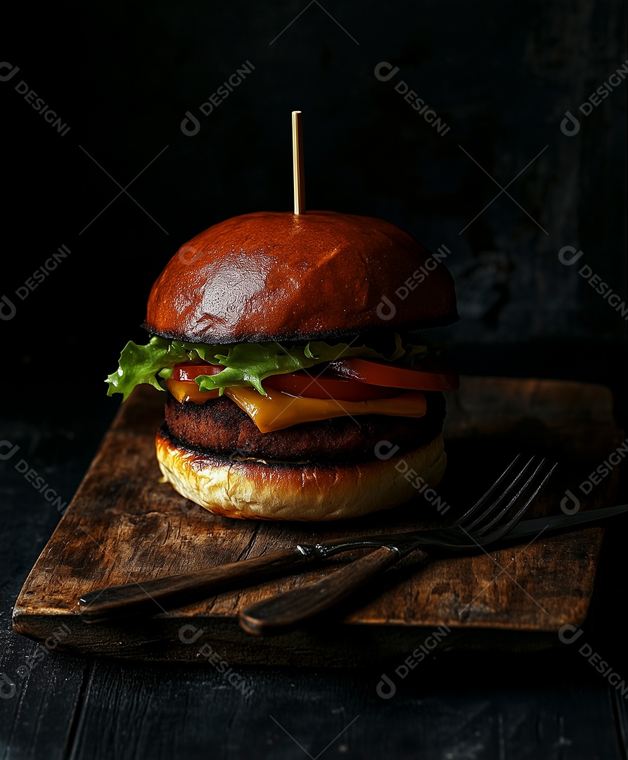 Delícioso hamburguer em tábua sobre fundo isolado