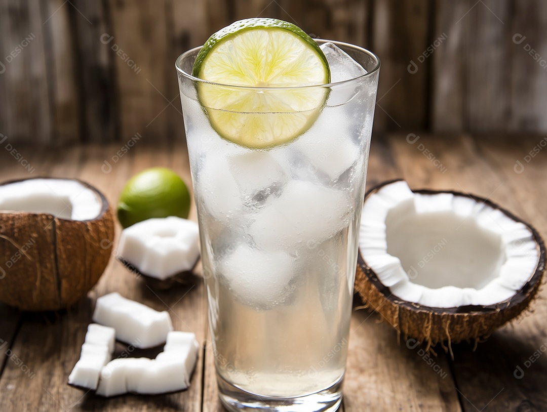 Água de coco gelada com rolela de limão em copo sobre mesa de madeira