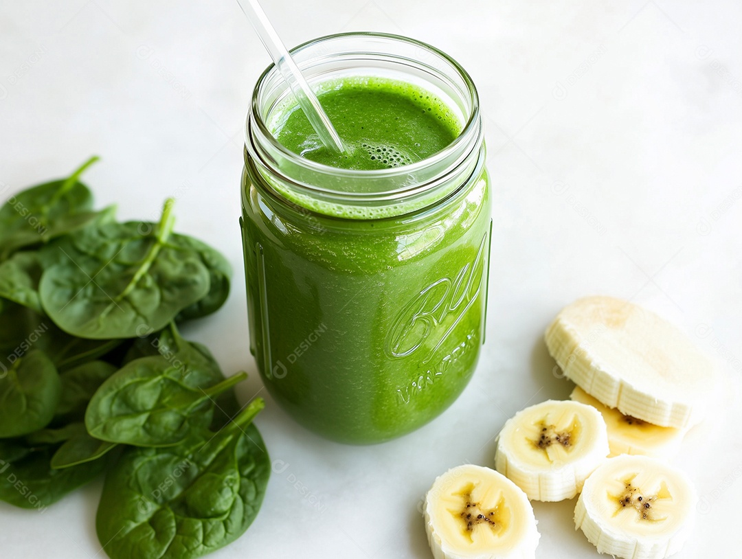 Linda vitamina de ervas com banana em pote de vidro sobre fundo branco isolado