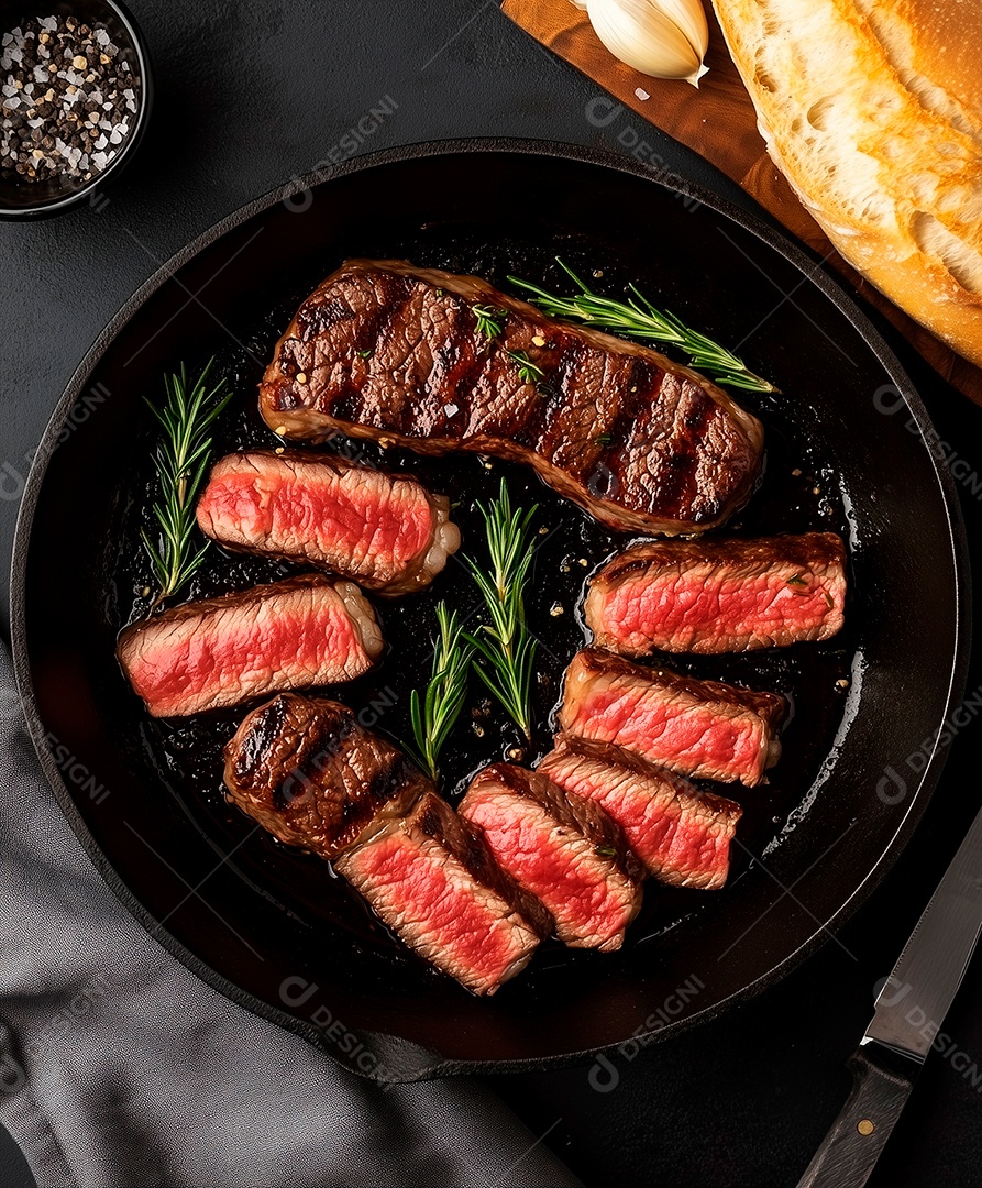 Carne mal passada com alecrim em panela sobre mesa de madeira