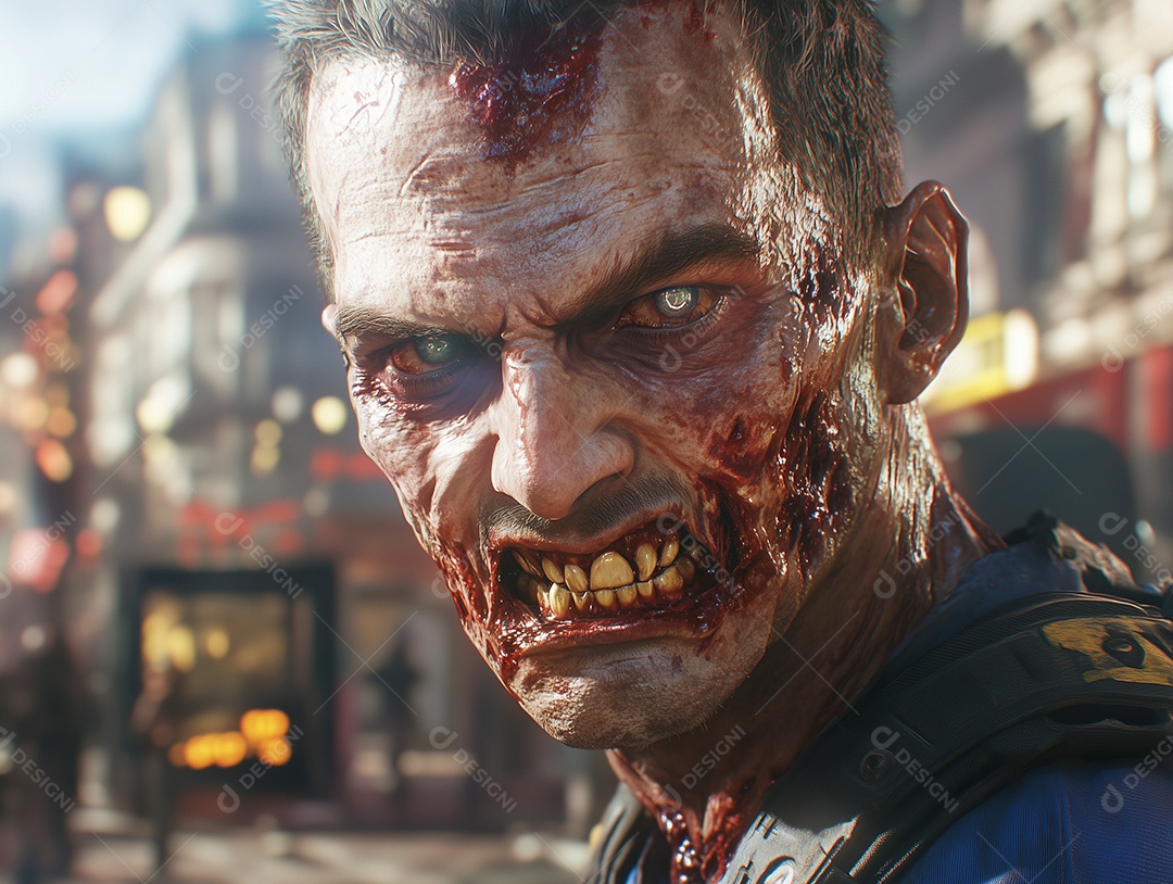 Zumbi com cara disfigurada sobre fundo desfocado