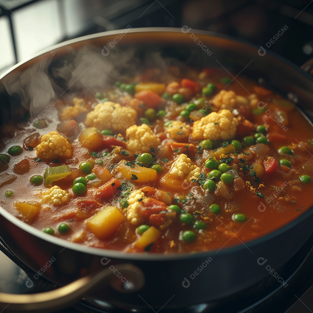 Delíciosa sopa quente com carne e vegetais em panela sobre fundo desfocado