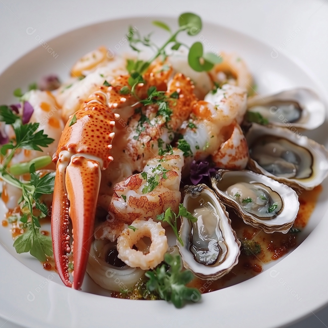 Delíciosos frutos do mar em prato branco sobre fundo isolado