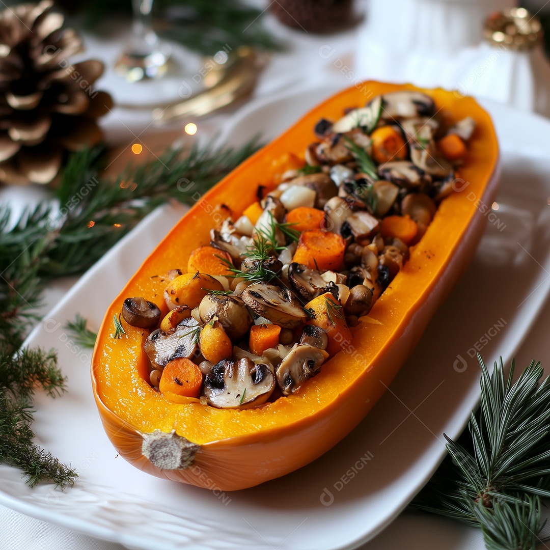 Delíciosa abóbora recheada com carne e legumes sobre travessa branca sobre fundo desfocado