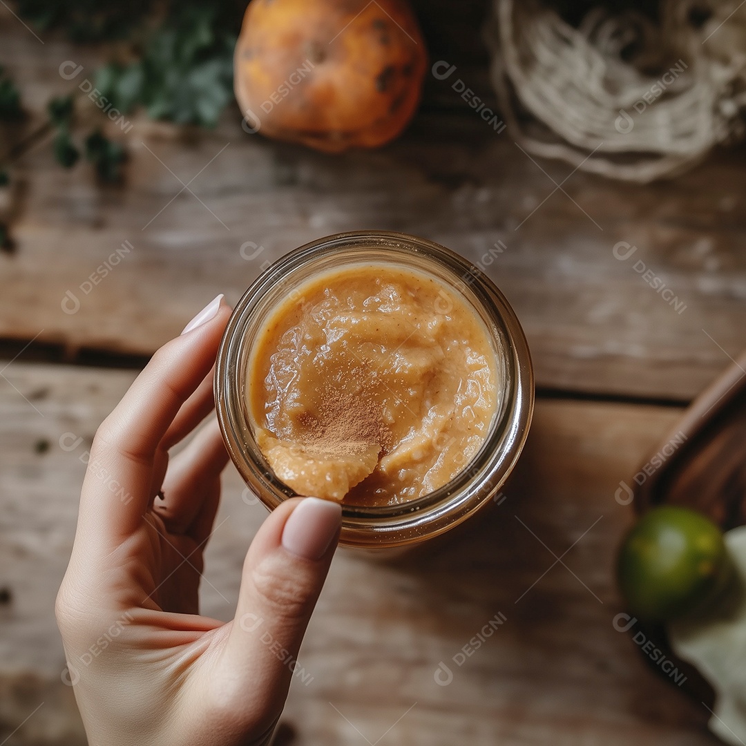 Mão de mulher segurando pote de vidro com doce sobre mesa de madeira
