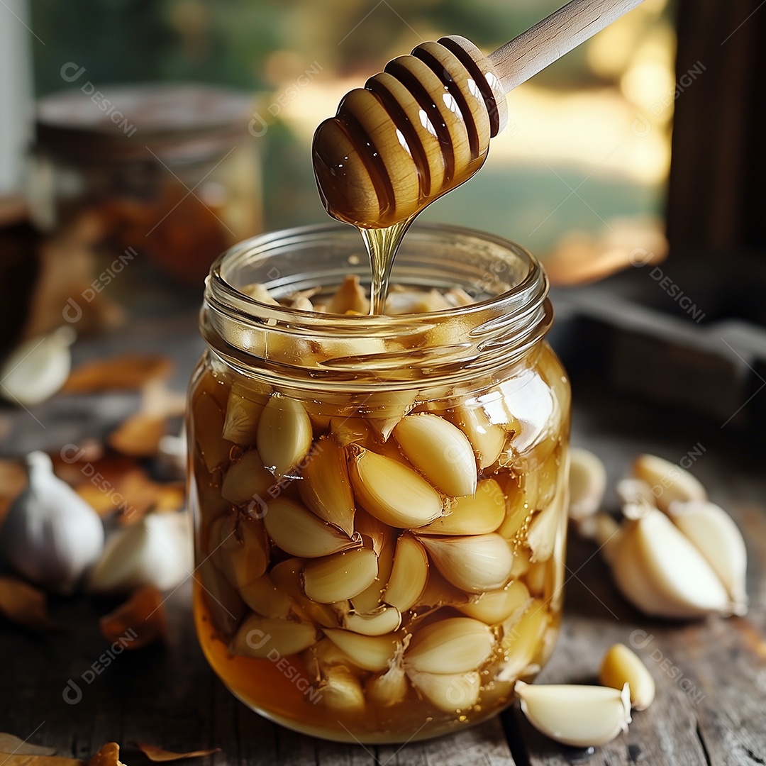 Delícioso mel e alho em conserva em pote de vidro sobre mesa de madeira