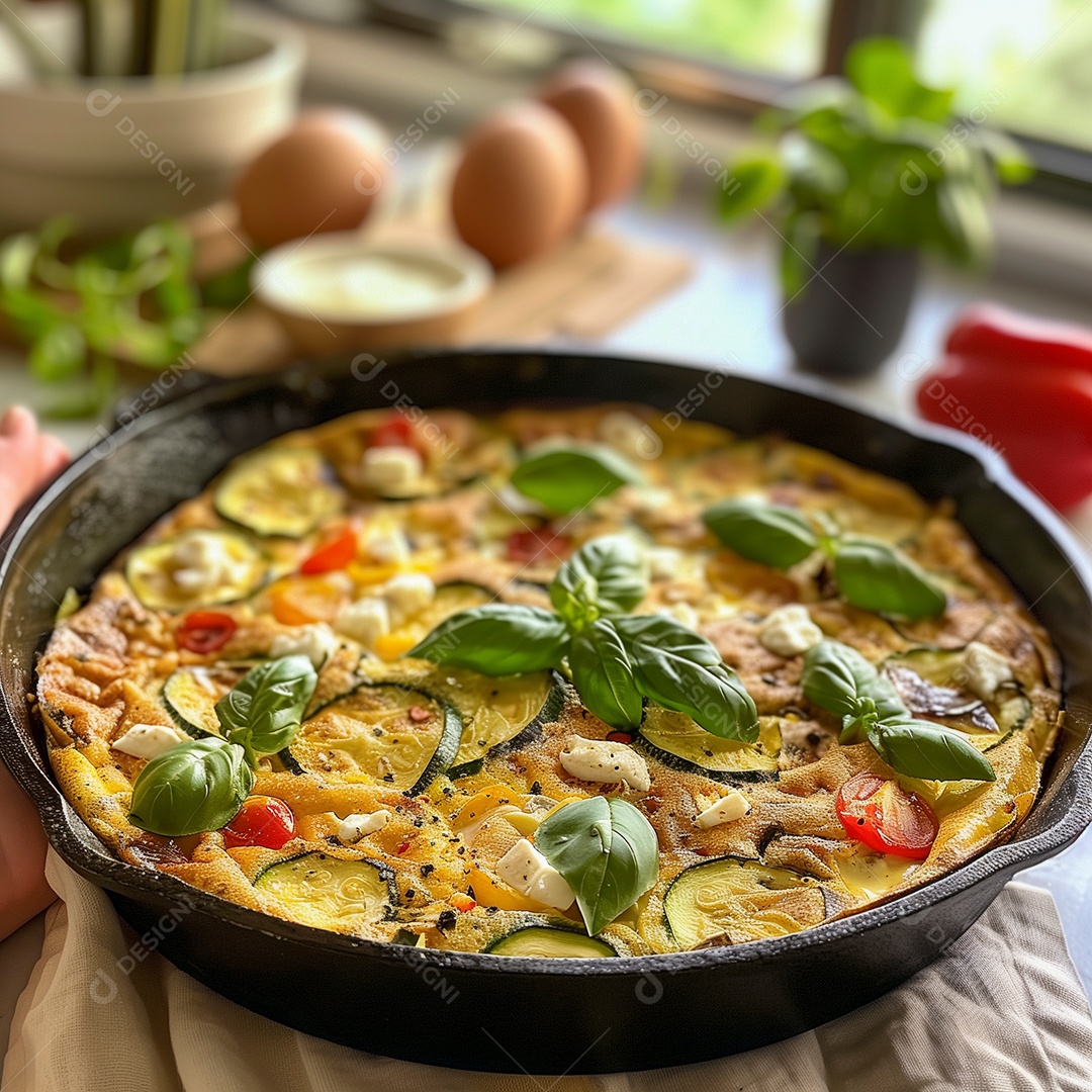 Delícioso omelete com pimentão pepino tomate sobre visão ampla
