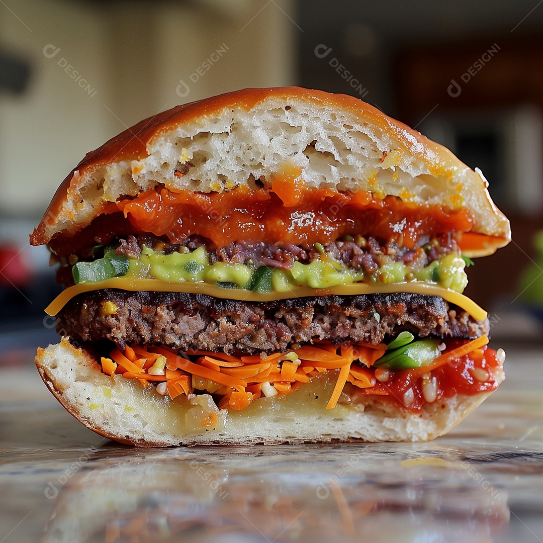 Lindo hamburguer cortado pela metade sobre fundo desfocado