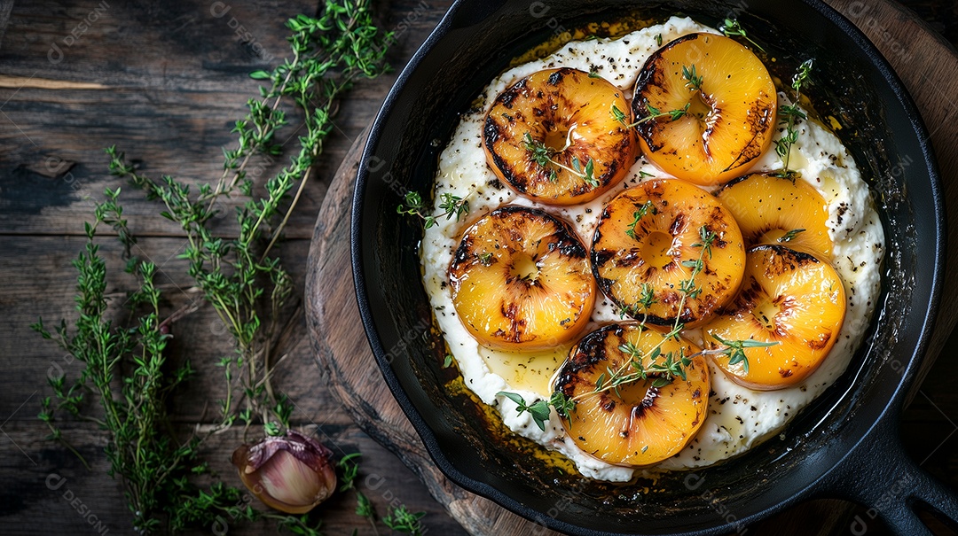 Queijo coalho com maçã caramelizada e alecrim em tijela sobre mesa de madeira
