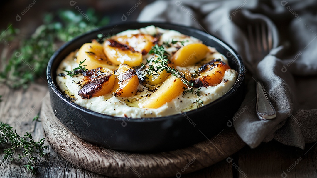 Caçarola de frango e cogumelos com queijo em uma panela de barro sobre mesa de madeira