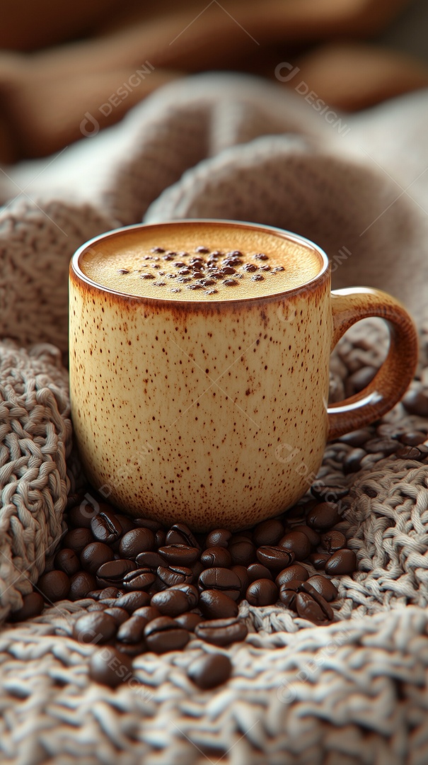 Delícioso cappuccino em xícara sobre pano com grãos de café