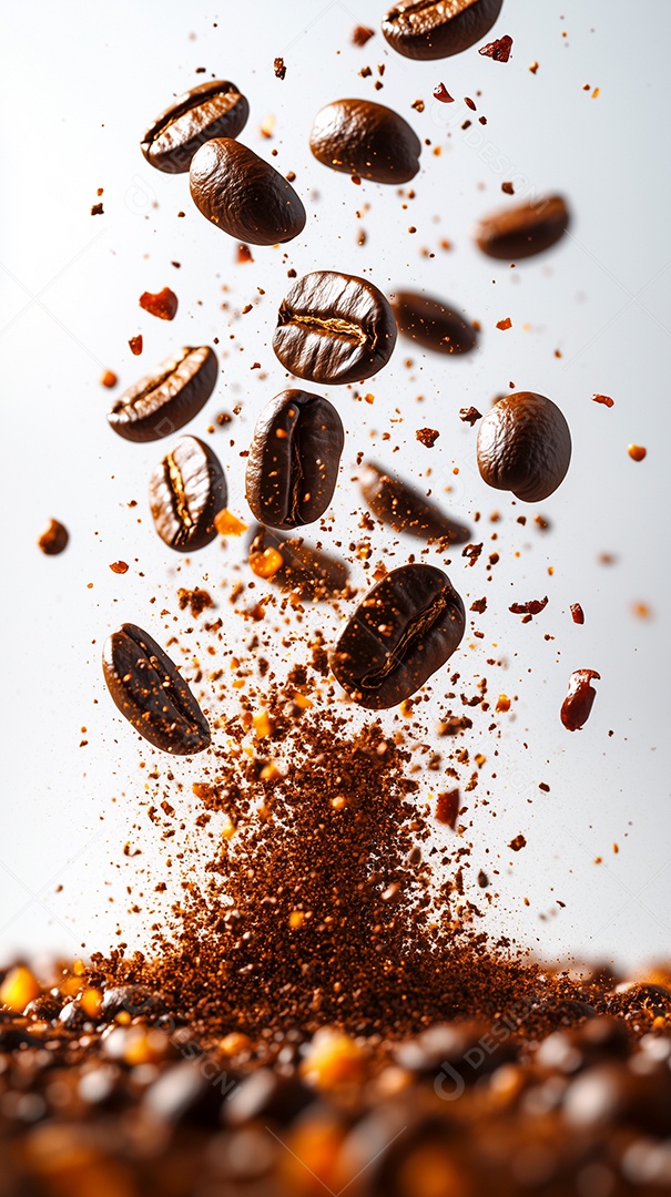 Linda explosão de grãos de café sobre fundo branco isolado